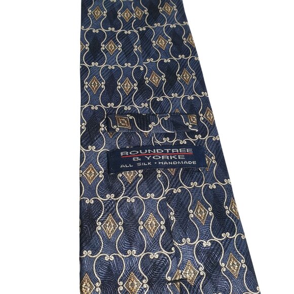 Roundtree Yorke Silk Handmade Tie Navy Blue Gold Geometric Men Vintage Formal - Picture 4 of 5